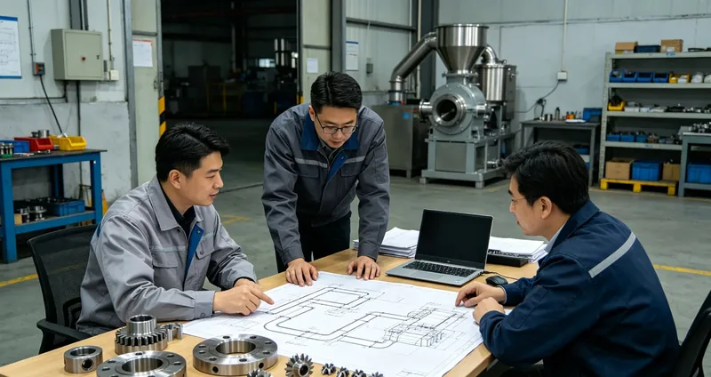 Engineers inspecting powder processing equipment Engineers inspecting powder processing equipment