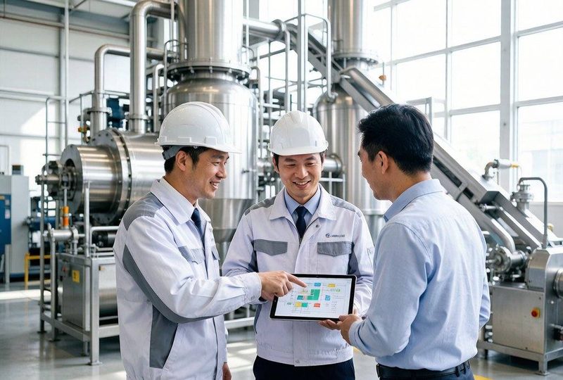 PURSYS engineer discussing powder processing solution with customer in stainless steel equipment factory